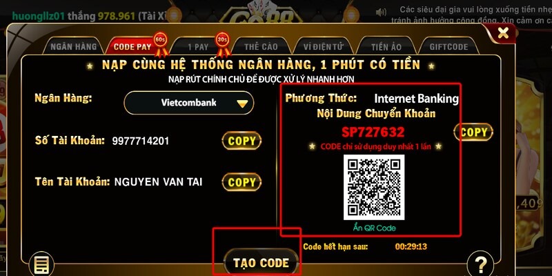 Go88 cung cấp khả năng thực hiện thao tác này thông qua mã QR Code