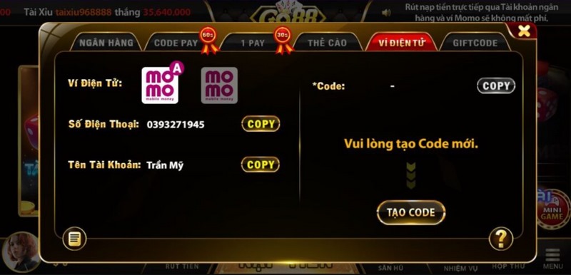 Nạp tiền vào tài khoản Go88  thông qua hình thức ví điện tử Momo